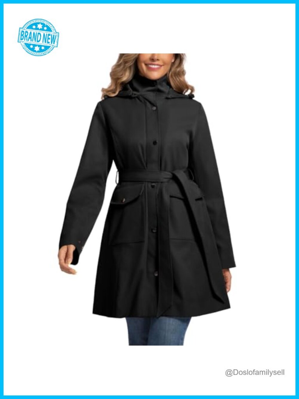 Water Resistant Trench Coat with Detachable Hood and Belt Pockets